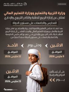 9 مارس بدء إجازة الربيع لطلبة المدارس والجامعات والكادر التربوي والإداري